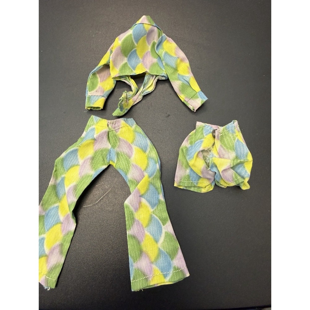 Vintage 1970s Mod Fashion Doll Outfit 3 Pc Bell Bottom Pants Shorts Jacket Mego - Picture 3 of 4